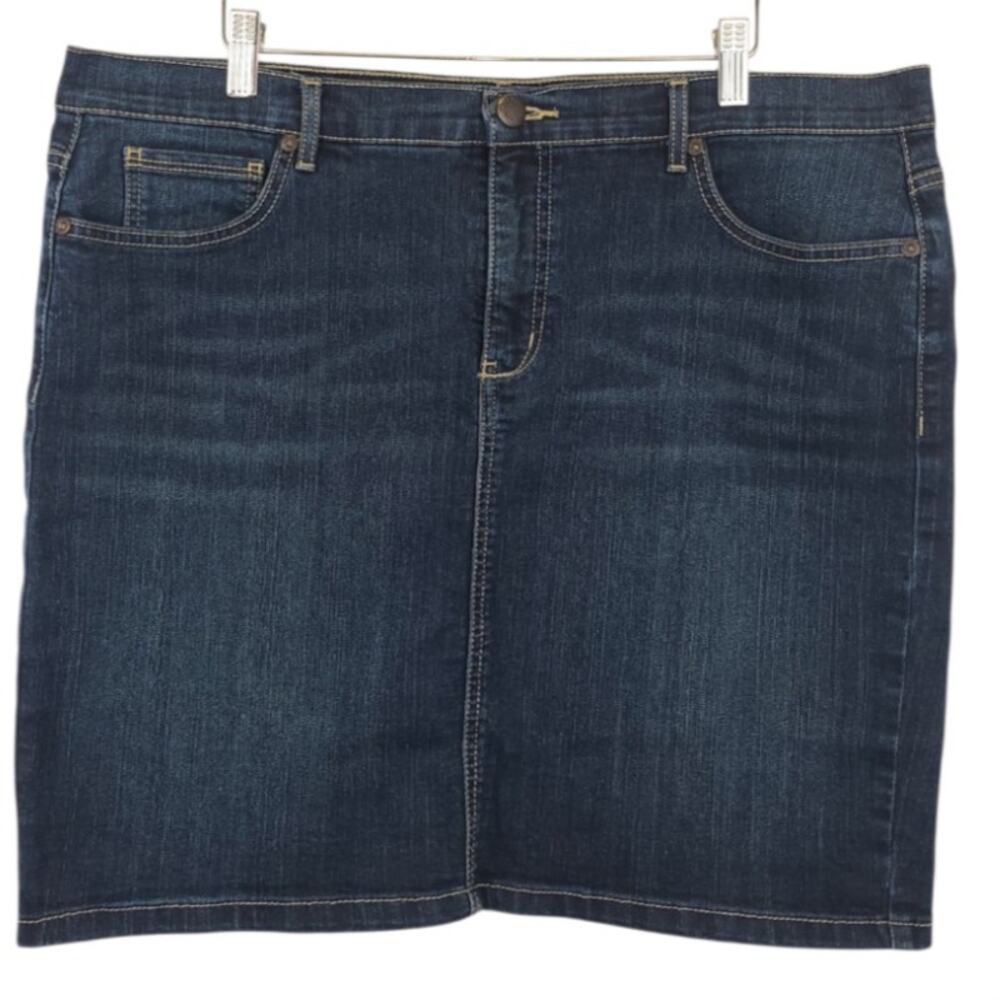 Ruff Hewn Dark Wash Denim Jean Skirt Size 16 Stretch Knee Length Back Slit EUC